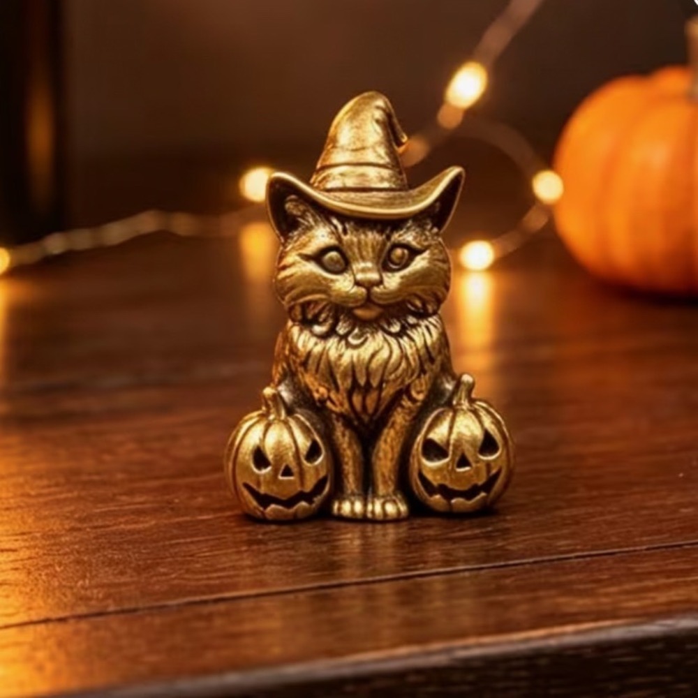 Brass Cat Halloween Cat Figurine Small Gold Brass Witch Hat Pumpkin Spooky Decor